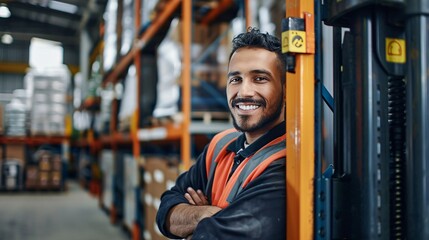 Happy forklift driver smiling at camera in the warehouse background, AI Generative