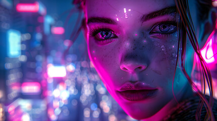 Depicting a soft-focused, obscured face against a backdrop of vibrant cyberpunk-inspired city lights and night scene