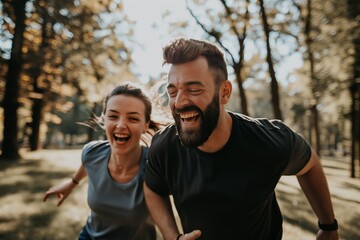 Happy couple of athletes running in park, couple running