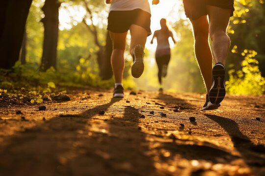 Happy couple of athletes running in park, couple running