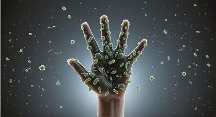An outstretched hand on which pathogens such as bacteria and viruses are greatly enlarged  generated - obrazy, fototapety, plakaty