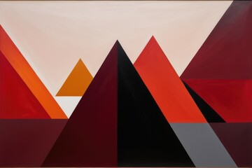 Abstract painting featuring triangles of varying sizes dominating a crimson canvas, interlocking edges creating a sense of depth, some triangles overlapping in a convergence towards the center