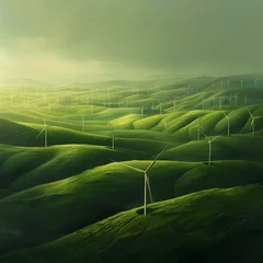 Fotobehang Wind farm in a verdant rolling landscape - Lush, green hills adorned with modern wind turbines showcase the harmony of technology and renewable energy sources © Mickey