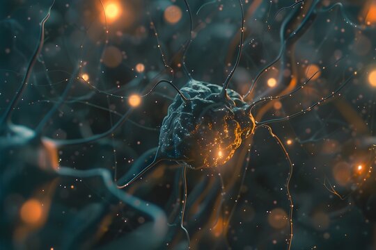 Neural network brain concept image - A highly detailed close-up representation of a neural network node resembling a brain with connections and light particles