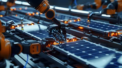 Poster Robotic arms assembling solar panels on a line - Precision robotic arms engaged in the automated assembly of solar panels in a futuristic high-tech manufacturing line © Mickey