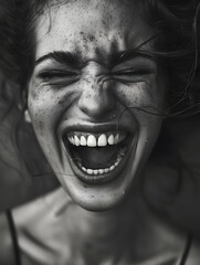 Expressive woman screaming in monochrome - Intense black and white portrait of a woman screaming with eyes closed and hair blowing - obrazy, fototapety, plakaty