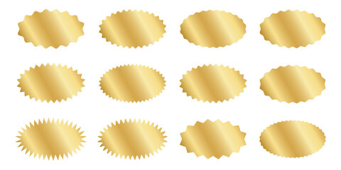 Set of silver and golden oval stickers with wiggle and zigzag borders. Shining labels, badges, price tags, coupons with undulated and jagged edges isolated on white background. Vector illustration.