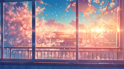 Japanese school glass windows and the tip of a shady tree, anime style background