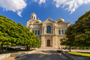 The Cathedral of the Assumption in Varna, Bulgaria. Byzantine style church with golden domes - 761539143