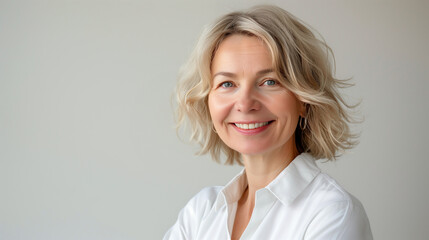 closeup of beautiful blond 50 year old woman's face, clean makeup free  isolated on plain light white studio background with copy space