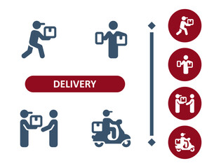 Delivery icons. Delivery man, courier, delivery boy, scooter, package, parcel, delivering icon