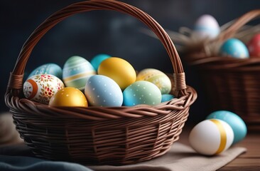 happy Easter. The banner. Colorful eggs in a basket. Horizontally. An atmospheric, beautiful, stylish postcard. Easter holiday. Blue sky, flowers. Horizontally.