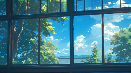 Japanese school glass windows and the tip of a shady tree, anime style background