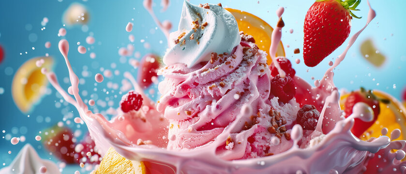 Dynamic image of vibrant fruit and ice cream splashes, capturing the essence of summer treats and indulgence.