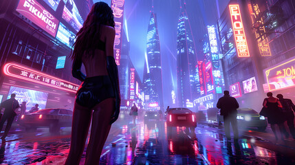 A woman gazes at the electric buzz of a cyberpunk cityscape, synonymous with the digital age's fascination with technology