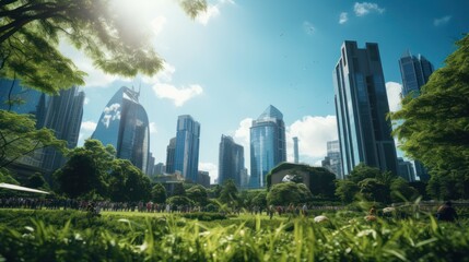 Fototapeta premium Views of skyscrapers, with a backdrop of shady green trees and grasslands.