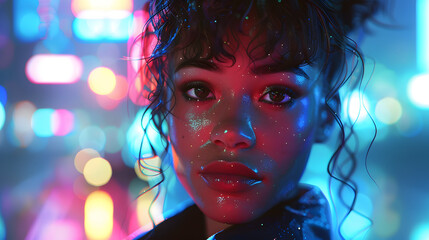 Portrait of a young woman with glowing skin and an enigmatic expression, set in a neon-lit environment