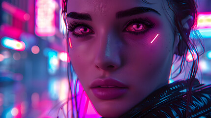 Intimate close-up of a woman's face bathed in the neon lights of a futuristic cityscape
