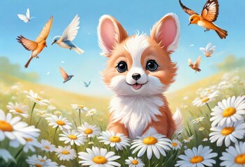 happy animal in a field of daisies.