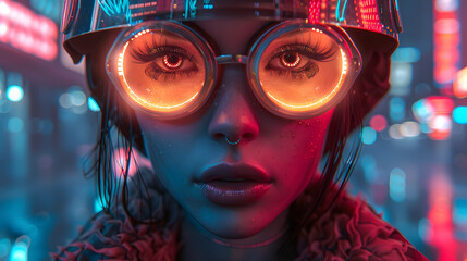 A striking image portraying a woman with light-emitting glasses in a futuristic, neon-drenched cityscape