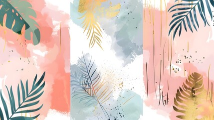 Abstract trendy universal artistic templates. Vector tropical leaves gold silhouettes on watercolor