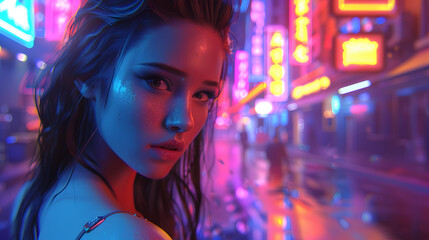 An evocative portrait of a woman's face against a vivid neon-lighted background scene