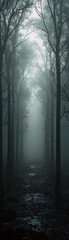 Spooky Forest, Whispering Shadows, Mysterious Aura, Foggy Evening, 3D Render, Silhouette Lighting, Chromatic Aberration - obrazy, fototapety, plakaty