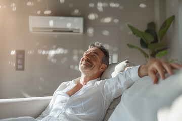 Air conditioning. Cool off with air conditioning in the living room. A middle-aged Caucasian man enjoying the coolness of the air conditioner in his home.