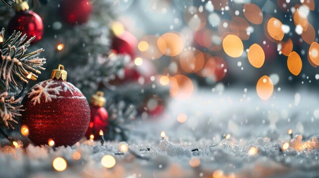 Christmas holiday background with red ball on snow