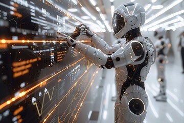 a robot is supervising a supercomputer to control digital data transfer traffic on a very large scale. artificial intelligence, generative ai - obrazy, fototapety, plakaty