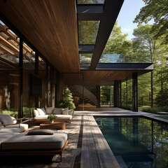 Relaxation area of a modern eco-friendly wooden house with a swimming pool in the forest. - 761543130