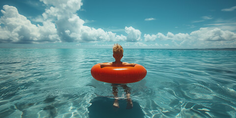 baby swims in the sea on an orange inflatable ring - obrazy, fototapety, plakaty