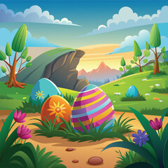 Fototapeta na wymiar Colorful easter eggs in the meadow. Vector illustration.