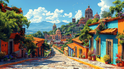 Mexico, traditional village with colorful houses. Drawing. - 761543970