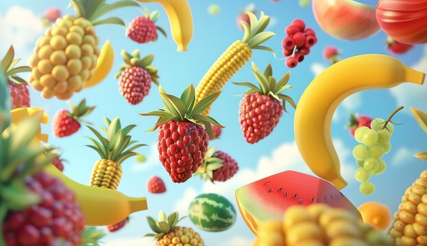 A whimsical dance of fruits and berries in the sky