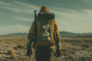 lone wanderer traversing through a barren wilderness, with an hourglass strapped to their back, signifying the relentless march towards doomsday, - obrazy, fototapety, plakaty