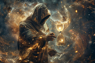hooded figure holding a celestial hourglass, with celestial bodies swirling within it, foretelling the cosmic countdown to doomsday, - obrazy, fototapety, plakaty