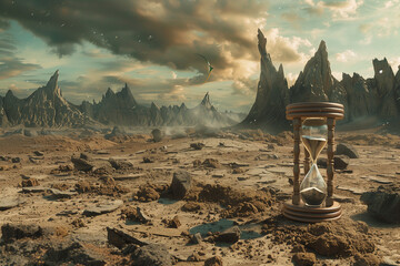 desolate landscape with ruins of civilization, and an hourglass buried amidst the debris, portraying the inevitability of time running out before doomsday, - obrazy, fototapety, plakaty
