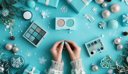 Magical winter holiday scene: hands holding a bowl of sparkling powder among holiday decorations, on a cool blue background