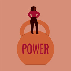 Black strong woman standing on a big kettlebell with text on it. African American female on a big dumbbell as a symbol of Girl power. Vector illustration for female empowerment. - 761544536