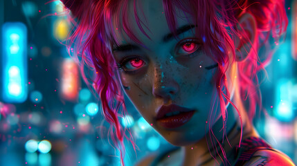 Intimate close-up of a person with a vivid reflection of neon city lights, highlighting modern urban life