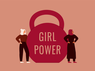 Two Strong women standing near a big kettlebell with text on it. Confident females near a big pink dumbbell as a symbol of Girl power. Vector illustration for female empowerment. - 761544586