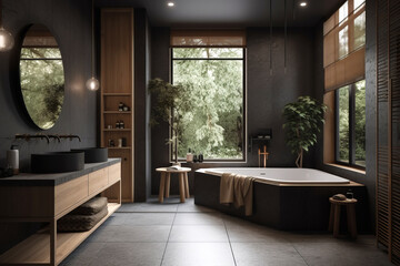Fototapeta premium Cozy interior of bathroom in modern house in Japandi style.