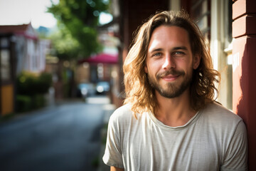 Portrait of a young man with long hair, beard on the street with copy space - 761544725