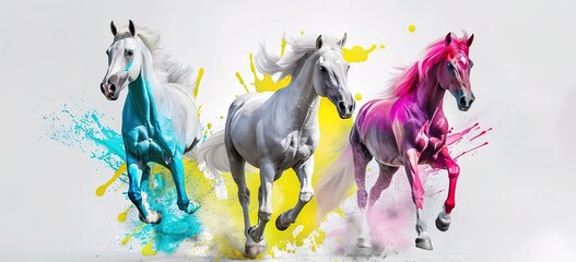 Majestic Horses in Motion: A colorful and dynamic image of three galloping horses with vibrant artistic paint splatters - obrazy, fototapety, plakaty