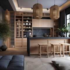 Interior of kitchen in modern house in Japandi style.