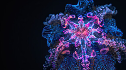 Obraz premium Bioluminescent deep sea ocean creature isolated against black background, vibrant abstract organic nature-inspired natural textures banner background