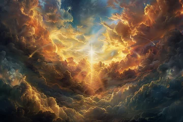 Fotobehang The heavens ablaze with divine light as the righteous ascend in glory, while the earth below trembles under the weight of judgment day, doomsday, God is Judging, © forenna