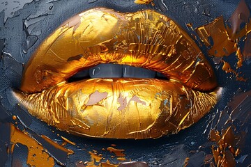 a gold lips with a grey background - obrazy, fototapety, plakaty