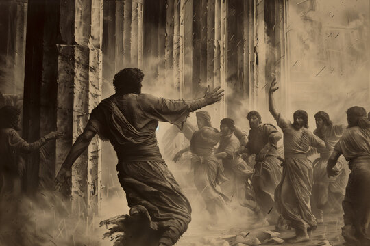 Samson, bringing down the pillars of the temple as judgment falls upon the wicked